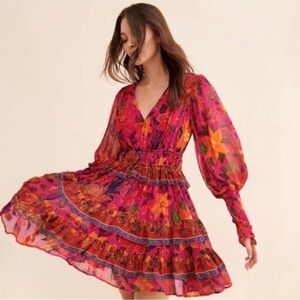 FARM Rio Tropical Tapestry Long Sleeve Mini Dress Floral Party